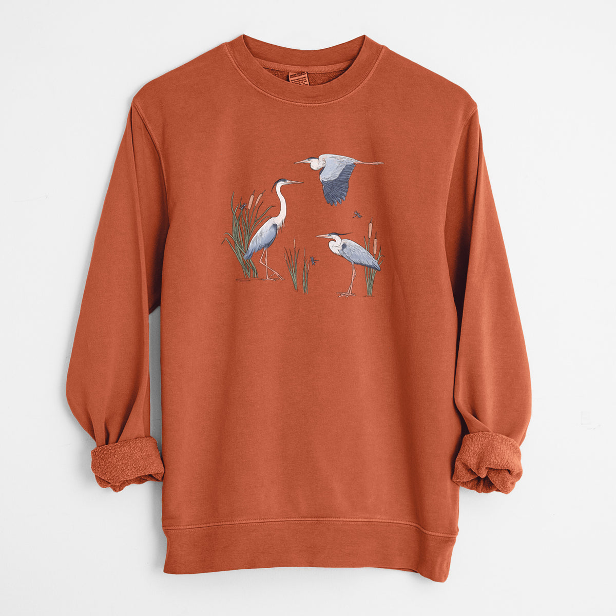 Great Blue Herons in the Cattails - Unisex Pigment Dyed Crew Sweatshirt