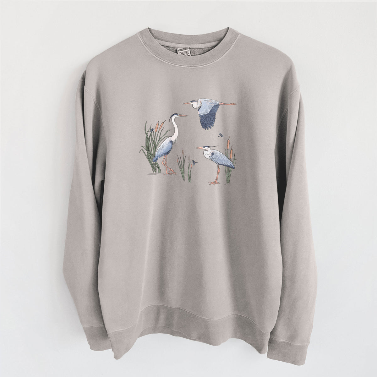 Great Blue Herons in the Cattails - Unisex Pigment Dyed Crew Sweatshirt