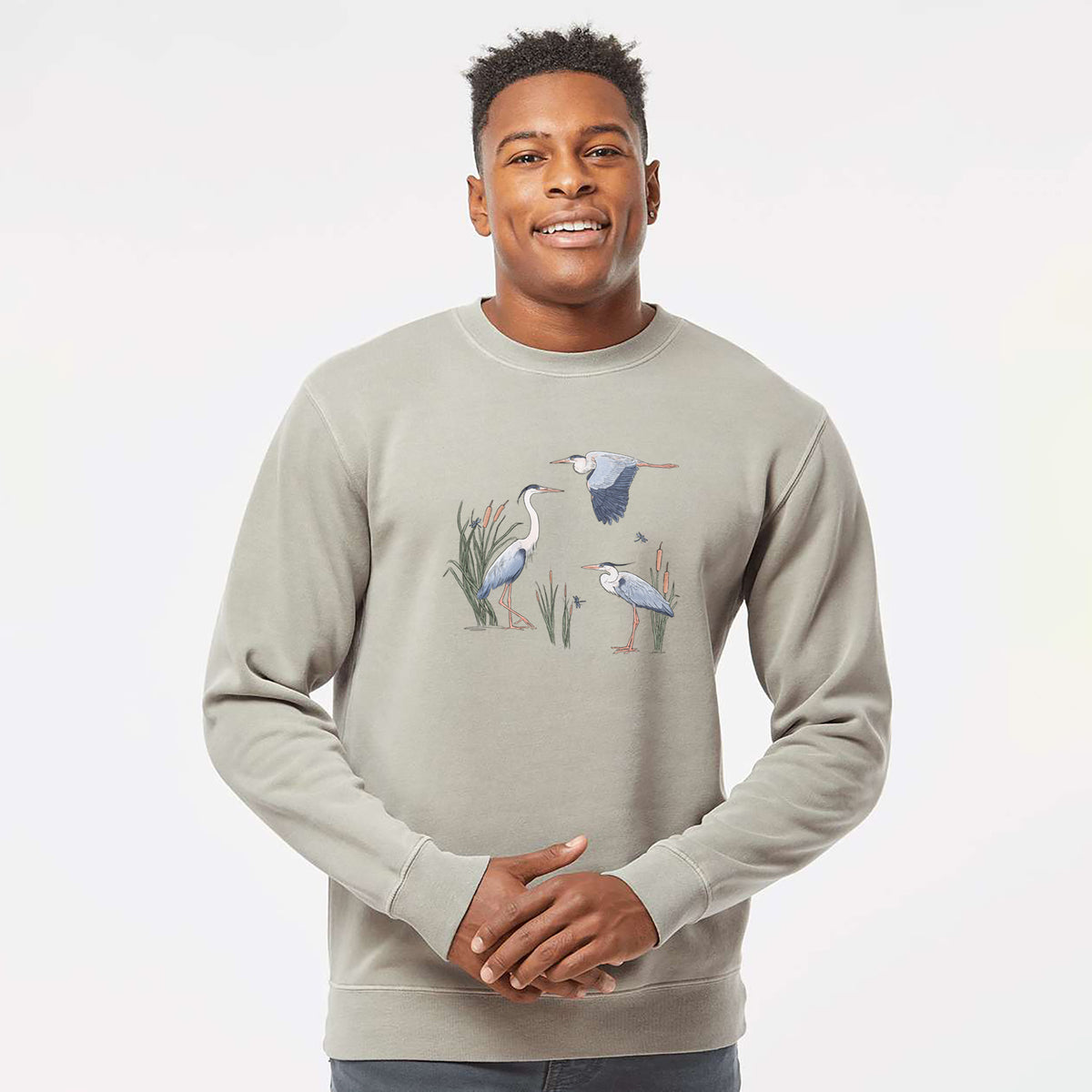 Great Blue Herons in the Cattails - Unisex Pigment Dyed Crew Sweatshirt