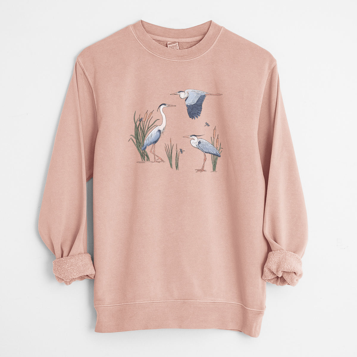 Great Blue Herons in the Cattails - Unisex Pigment Dyed Crew Sweatshirt