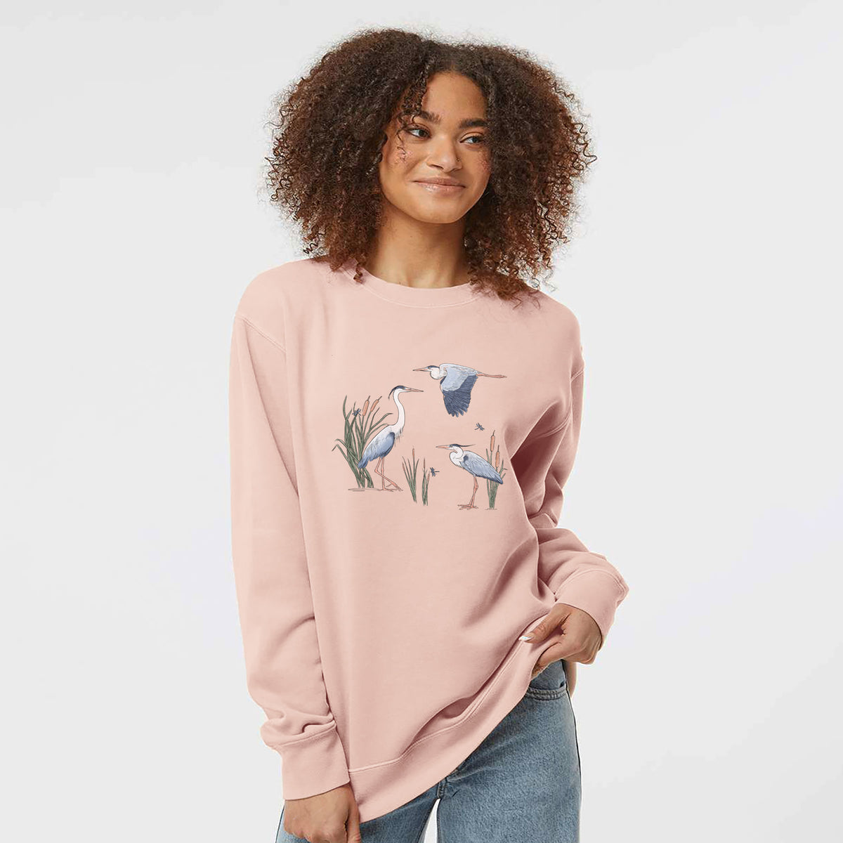 Great Blue Herons in the Cattails - Unisex Pigment Dyed Crew Sweatshirt