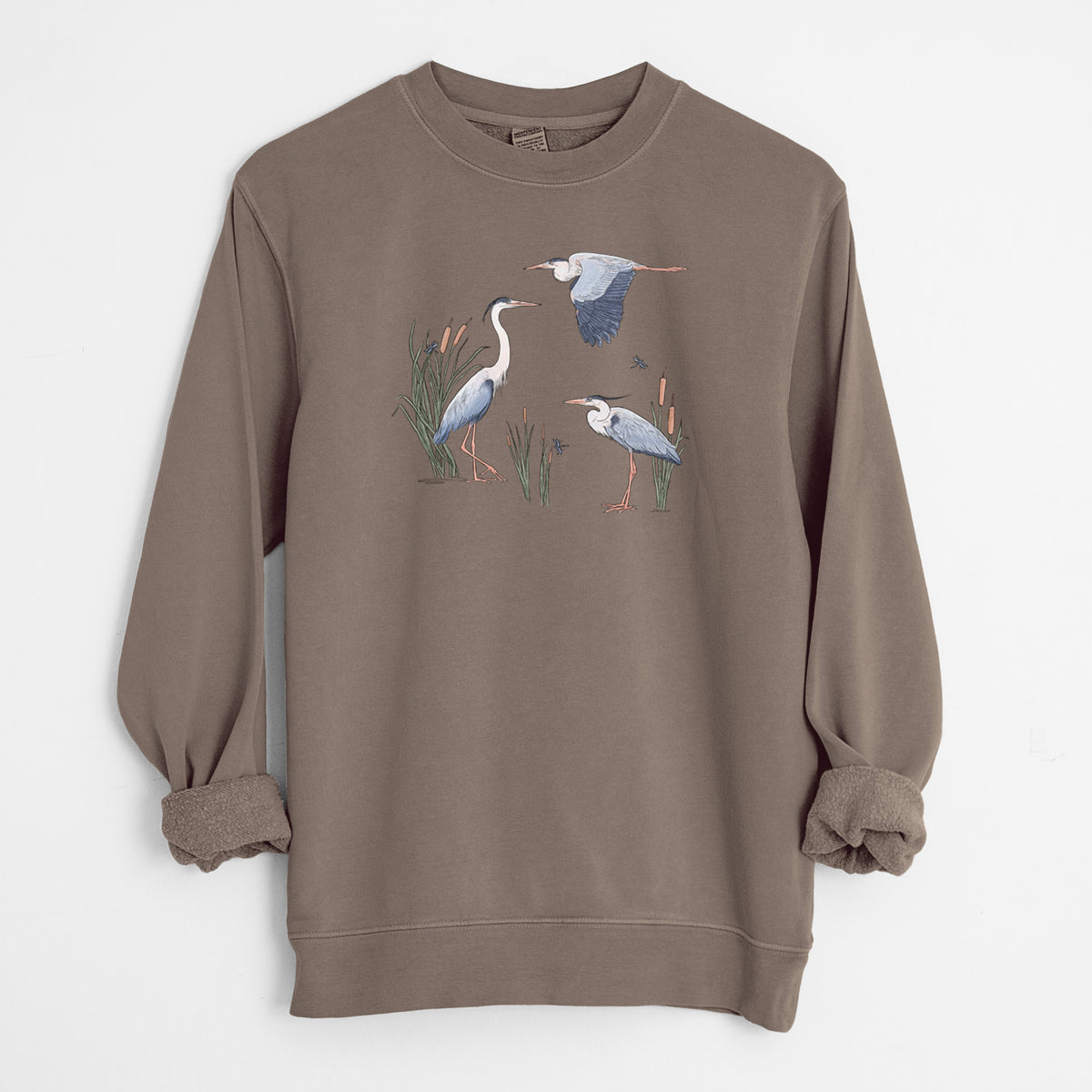 Great Blue Herons in the Cattails - Unisex Pigment Dyed Crew Sweatshirt in Espresso