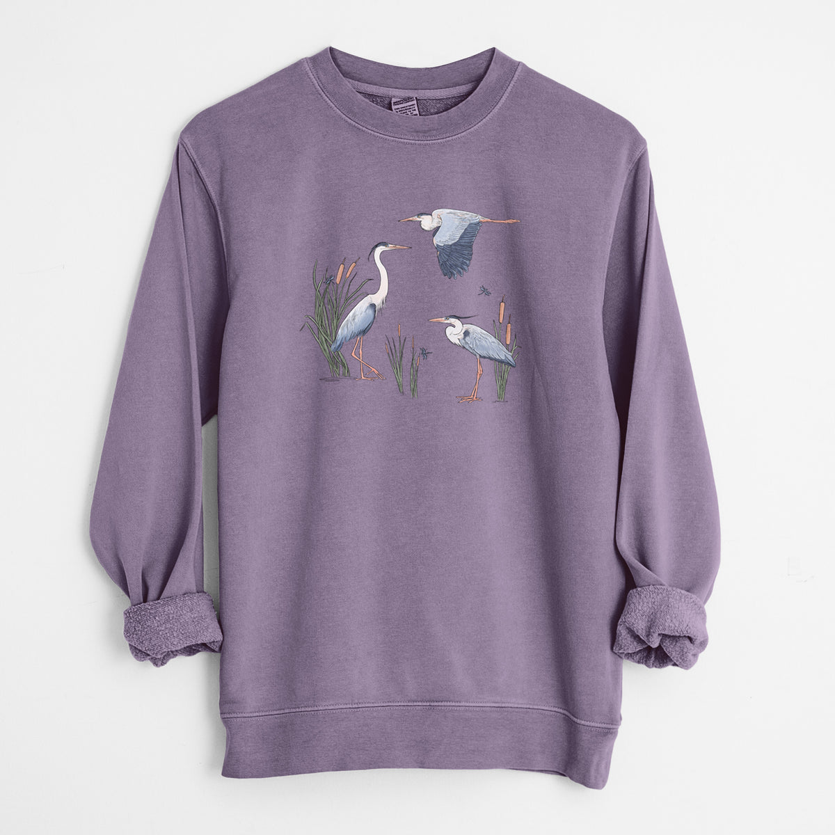 Great Blue Herons in the Cattails - Unisex Pigment Dyed Crew Sweatshirt