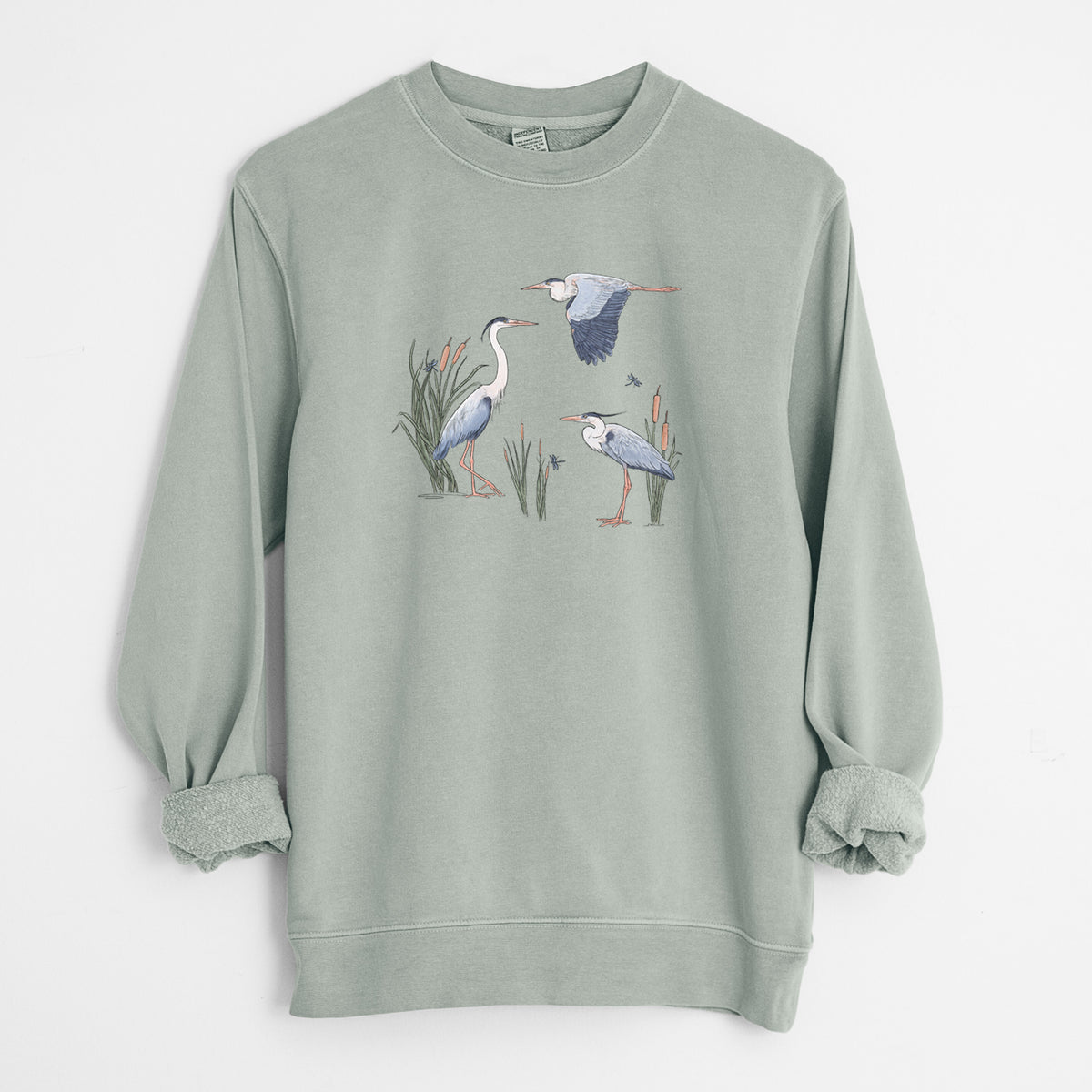 Great Blue Herons in the Cattails - Unisex Pigment Dyed Crew Sweatshirt