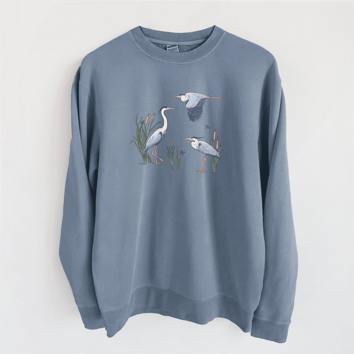 Great Blue Herons in the Cattails - Unisex Pigment Dyed Crew Sweatshirt