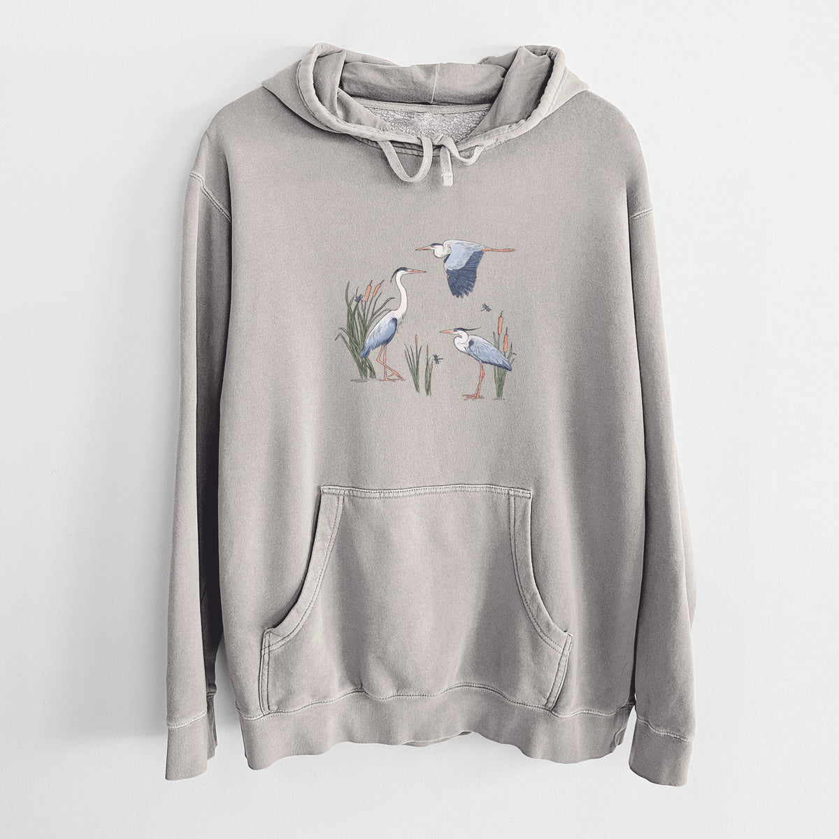 Great Blue Herons in the Cattails - Unisex Pigment Dyed Hoodie