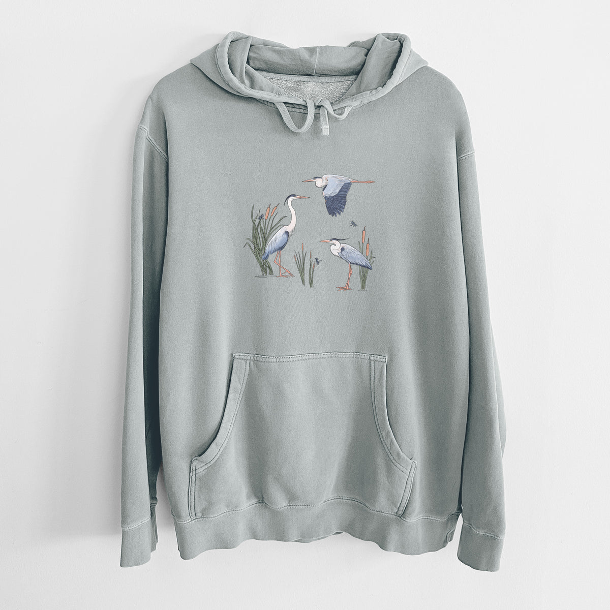 Great Blue Herons in the Cattails - Unisex Pigment Dyed Hoodie