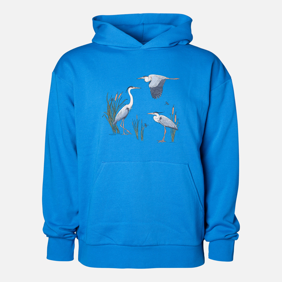 Great Blue Herons in the Cattails - Statement Midweight Hoodie in Azure Blue, shown from the front with the design printed on the chest above a front kangaroo pocket.