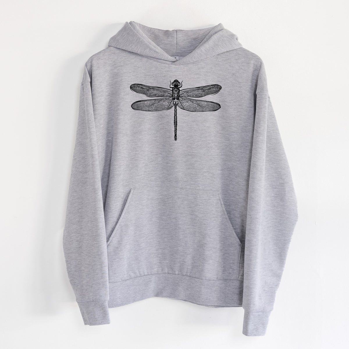 Anax Junius - Green Darner Dragonfly - Statement Midweight Hoodie in Heather Grey, hanging on a white wall, with a front kangaroo pocket and no drawcords.