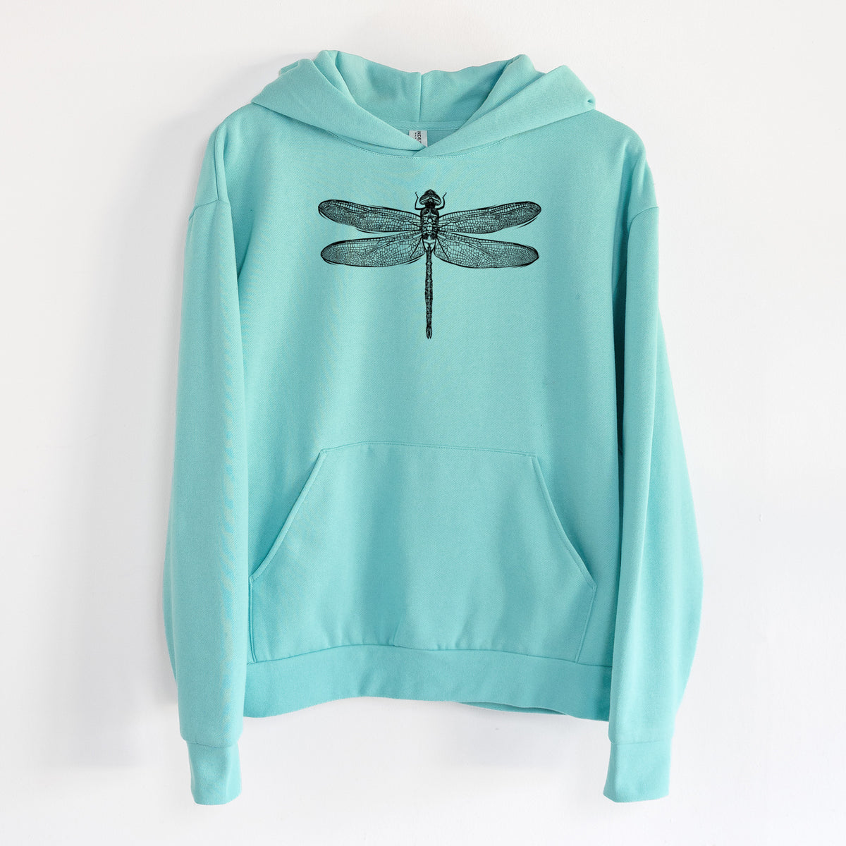 Anax Junius - Green Darner Dragonfly - Statement Midweight Hoodie in Seafoam, hanging on a white wall, with a front kangaroo pocket and no drawcords.