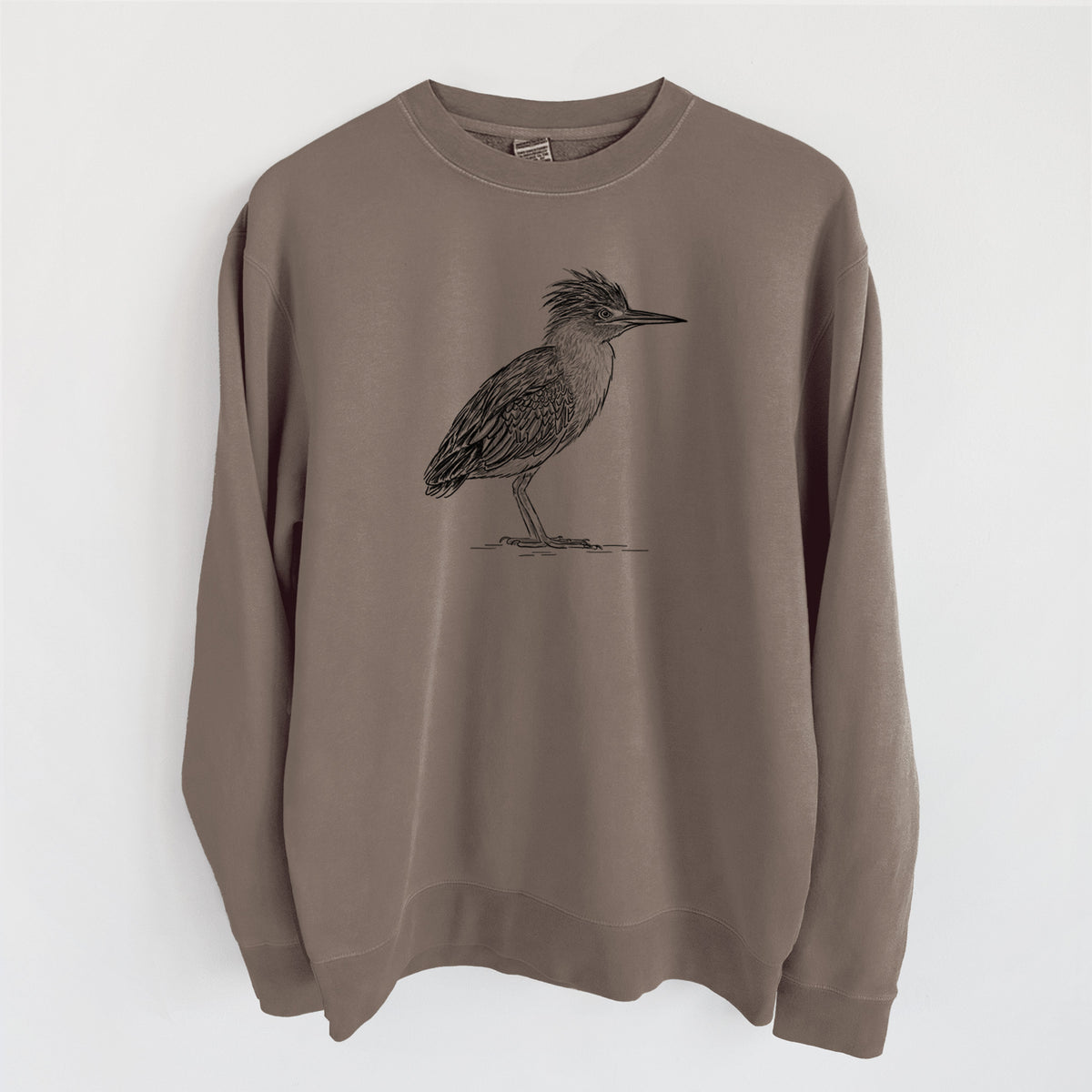 Green Heron - Butorides virescens - Unisex Pigment Dyed Crew Sweatshirt in Espresso Brown Color