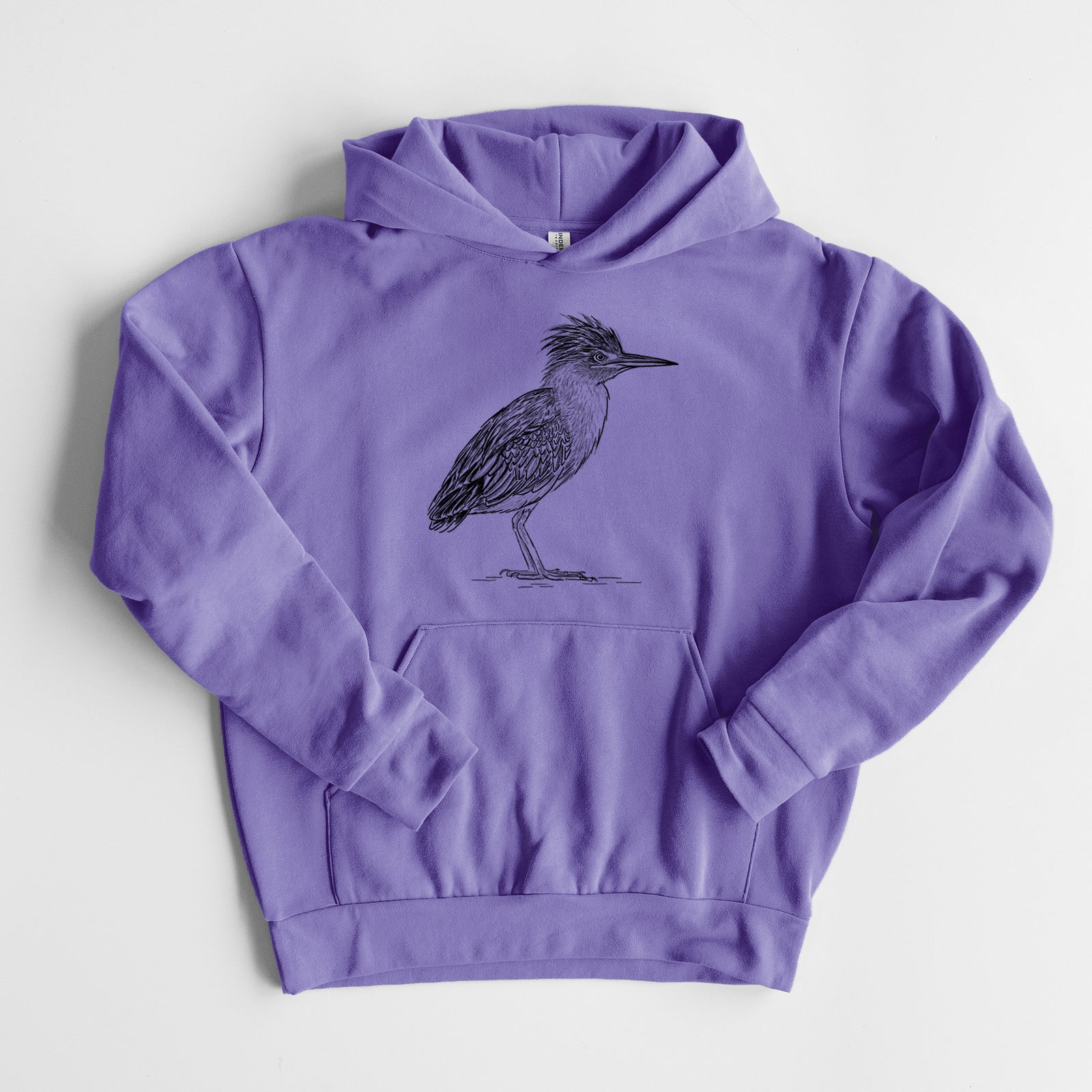 Green Heron - Butorides virescens - Statement Midweight Hoodie in Violet, laid flat, showing the oversized boxy fit and front kangaroo pocket.