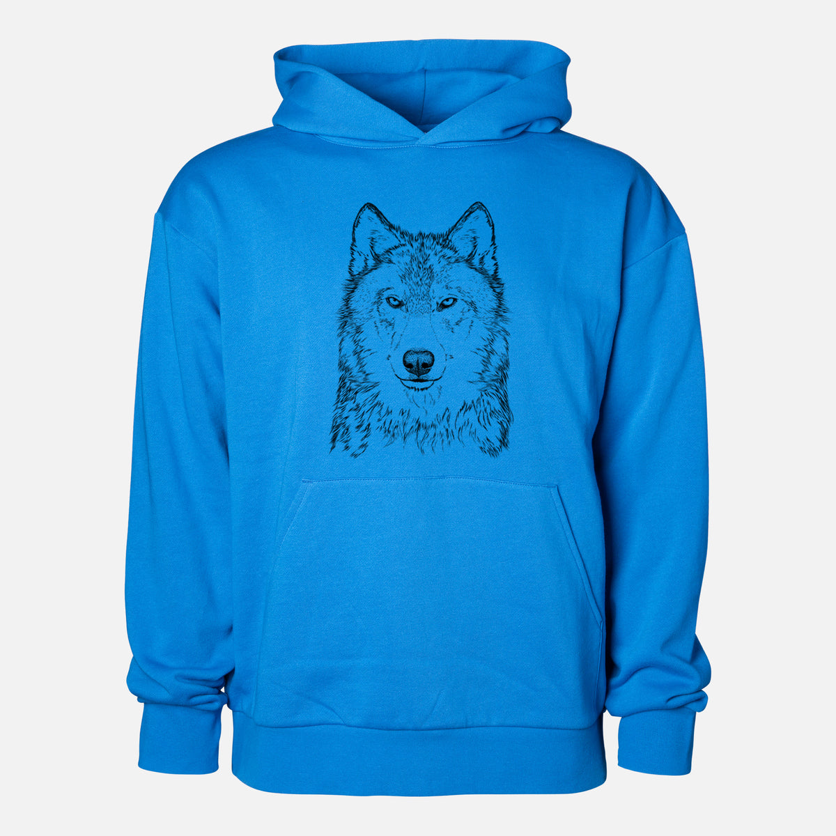 Grey Wolf - Canis lupus - Statement Midweight Hoodie in Azure Blue, shown from the front with the design printed on the chest above a front kangaroo pocket.