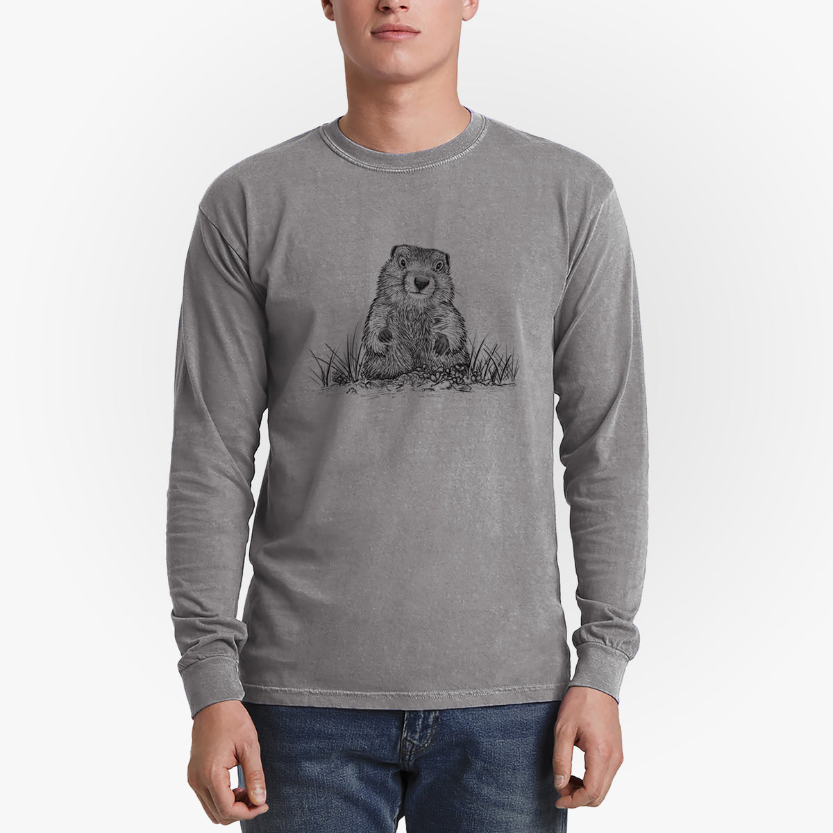 Groundhog - Marmota Monax - Men&#39;s Heavyweight 100% Cotton Long Sleeve