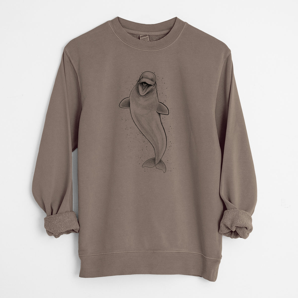 Happy Beluga Whale - Delphinapterus leucas - Unisex Pigment Dyed Crew Sweatshirt in Espresso Brown Color