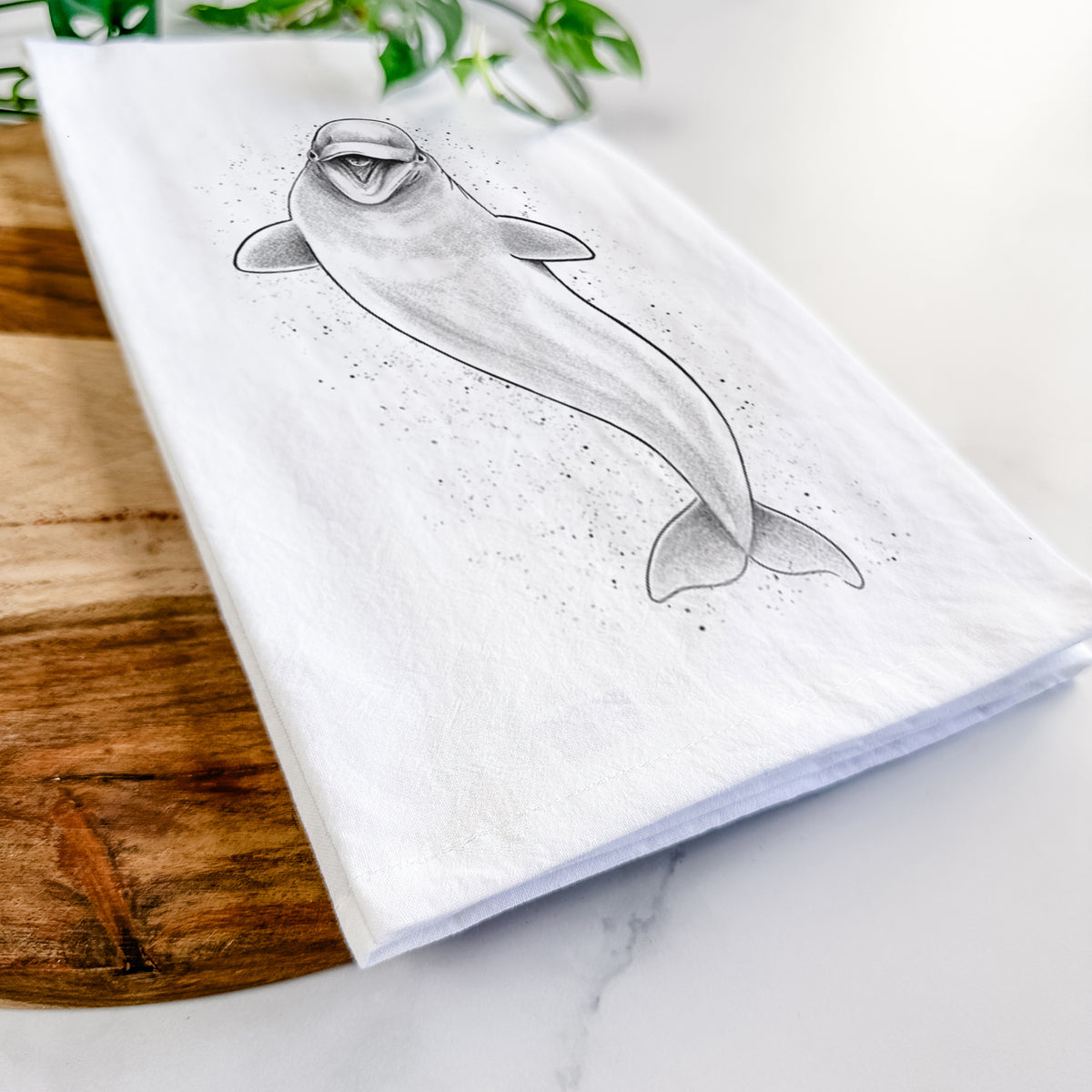 Happy Beluga Whale - Delphinapterus leucas Tea Towel