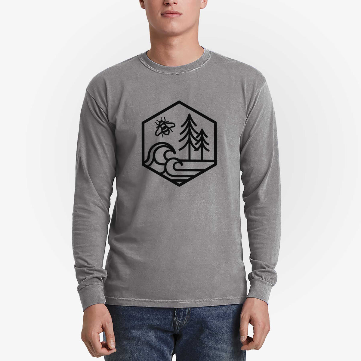 Harmonious Hexagon - Bees, Seas, Trees - Men&#39;s Heavyweight 100% Cotton Long Sleeve