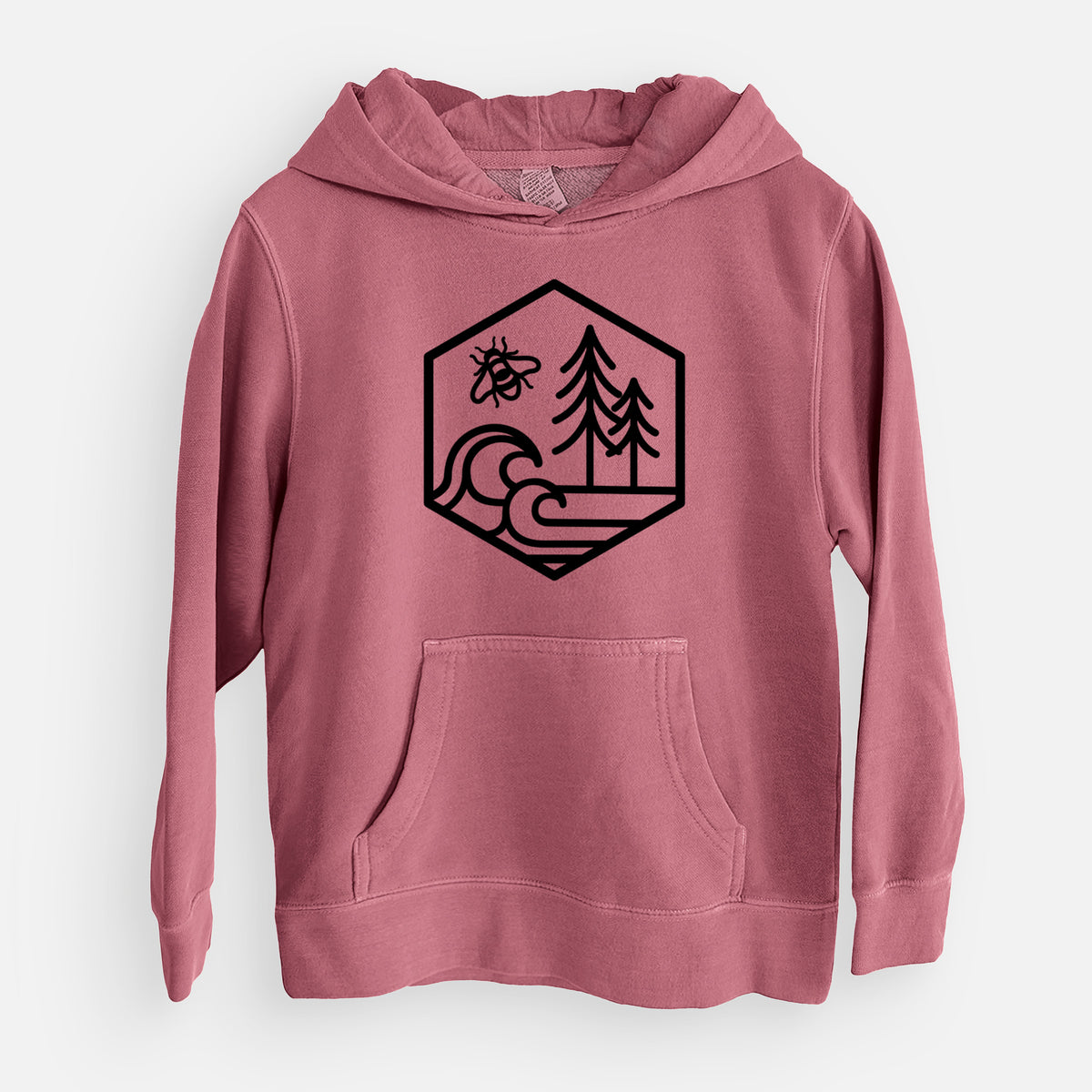 Maroon youth pigment dyed hoodie laid flat, printed with a black line art hexagon holding a bee, ocean waves and pine trees.