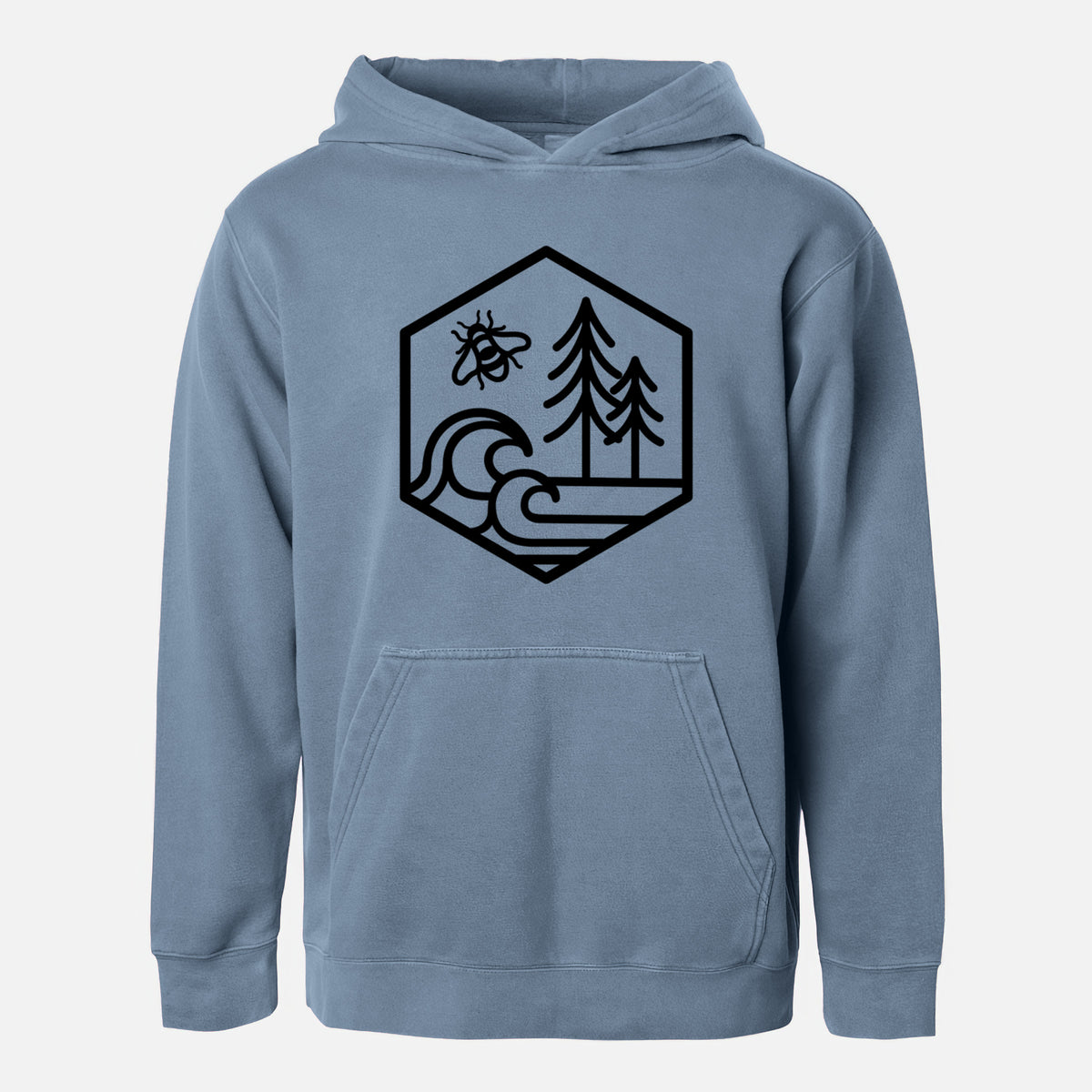 Slate blue youth pigment dyed hoodie laid flat, printed with a black line art hexagon holding a bee, ocean waves and pine trees.
