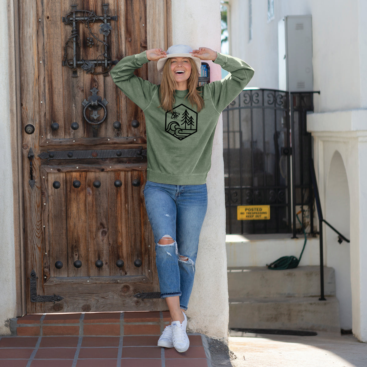 Harmonious Hexagon - Bees, Seas, Trees - Unisex Pigment Dyed Crew Sweatshirt