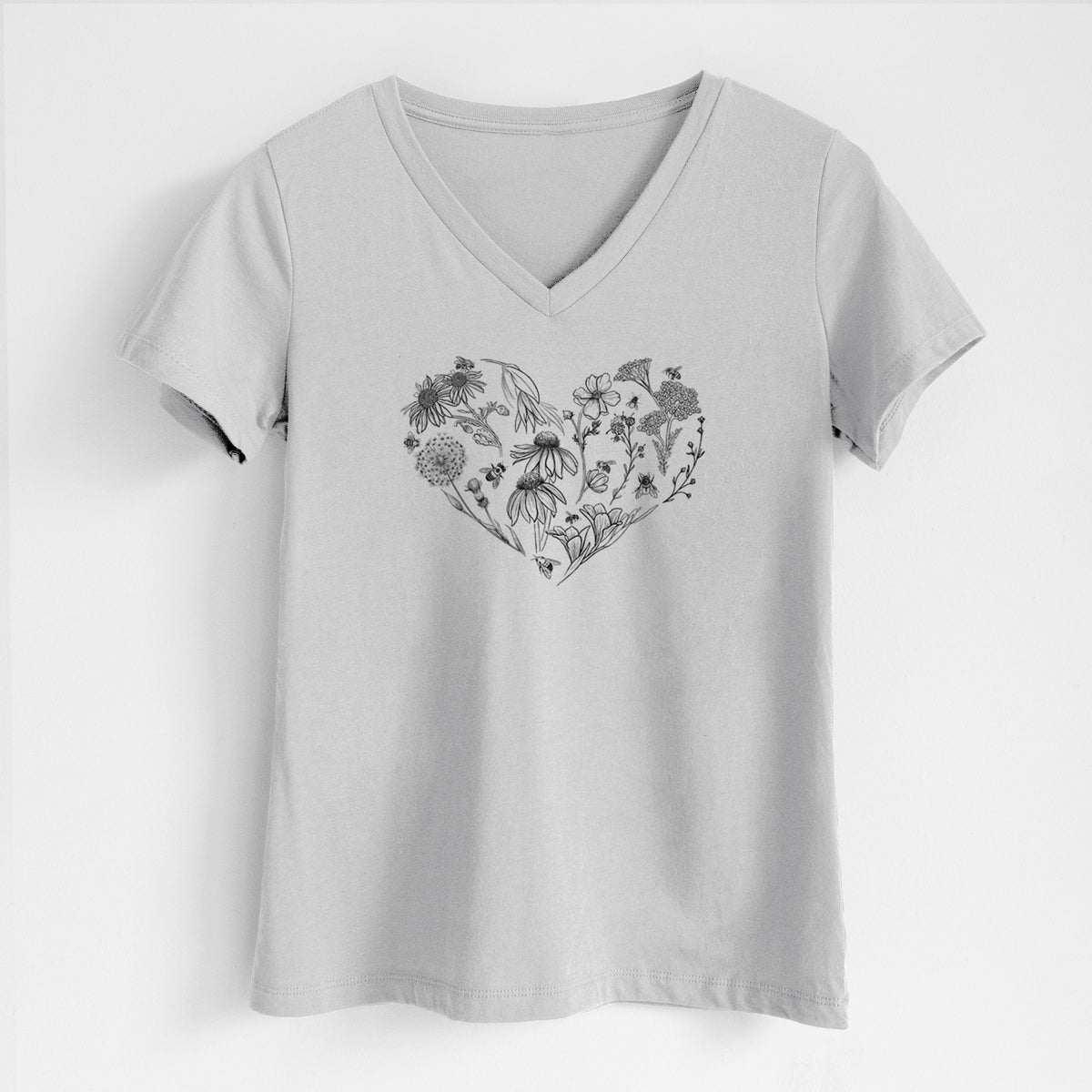 Heart Full of Blooms and Bees - Women&#39;s Lightweight Relaxed Fit 100% Cotton V-neck