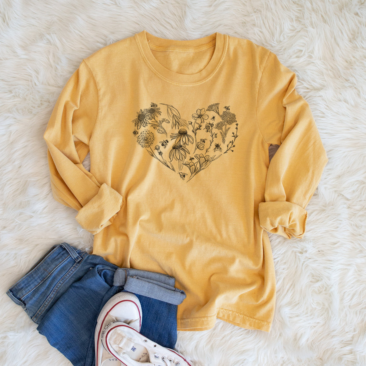 Heart Full of Blooms and Bees - Men&#39;s Heavyweight 100% Cotton Long Sleeve