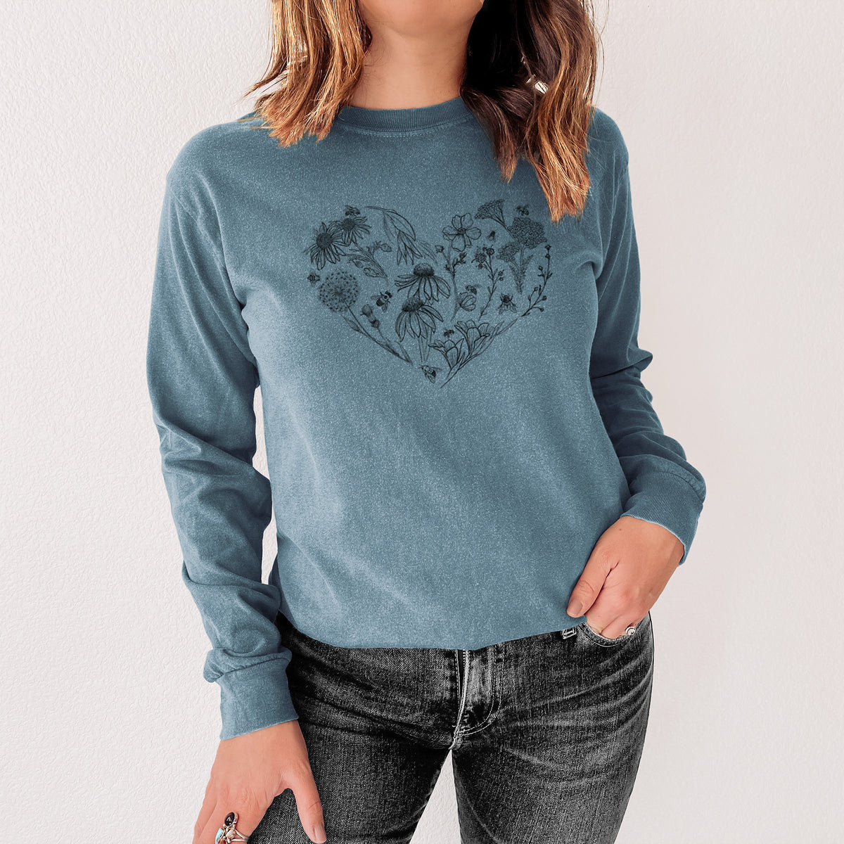 Heart Full of Blooms and Bees - Men&#39;s Heavyweight 100% Cotton Long Sleeve