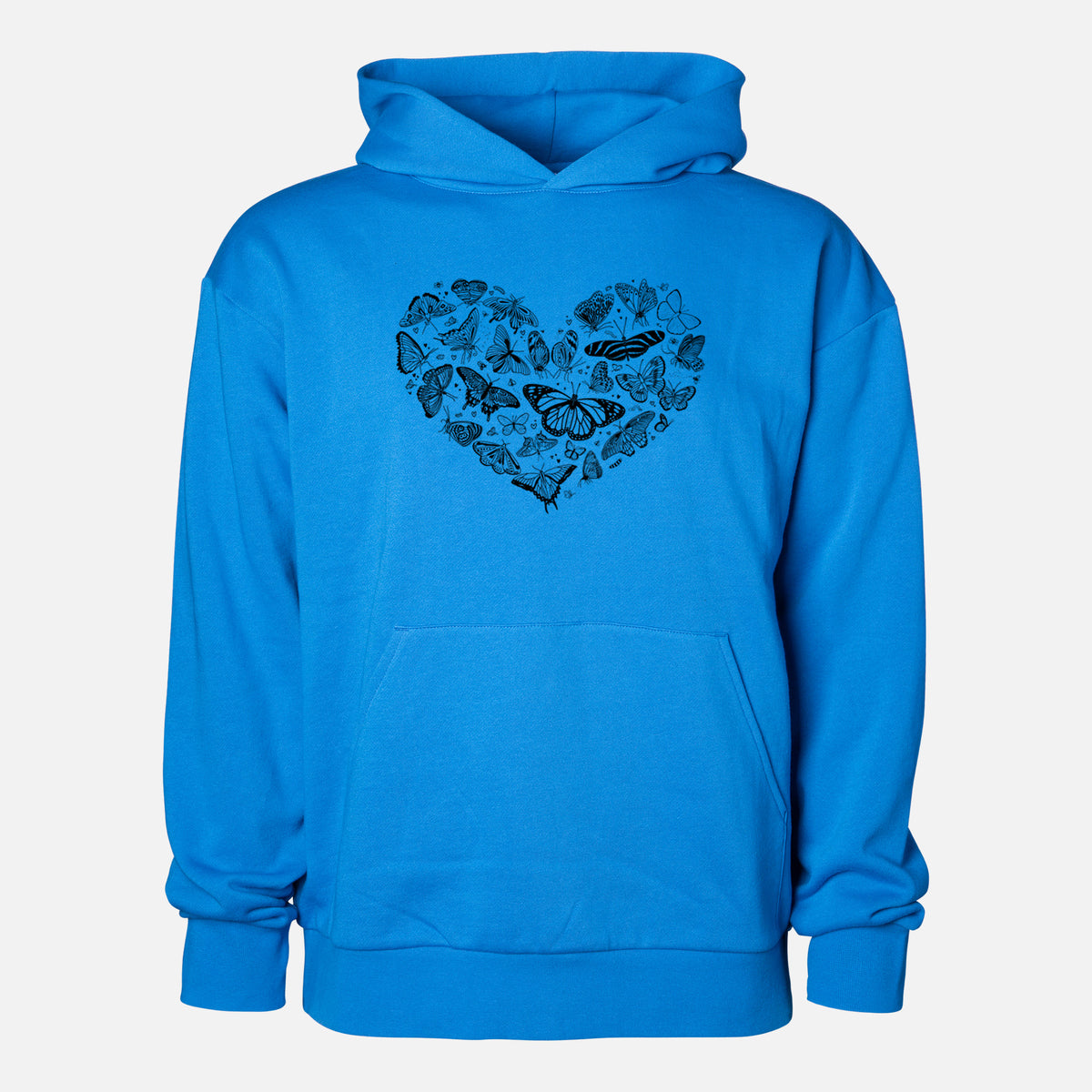 Heart Full of Butterflies - Statement Midweight Hoodie in Azure Blue, shown from the front with the design printed on the chest above a front kangaroo pocket.