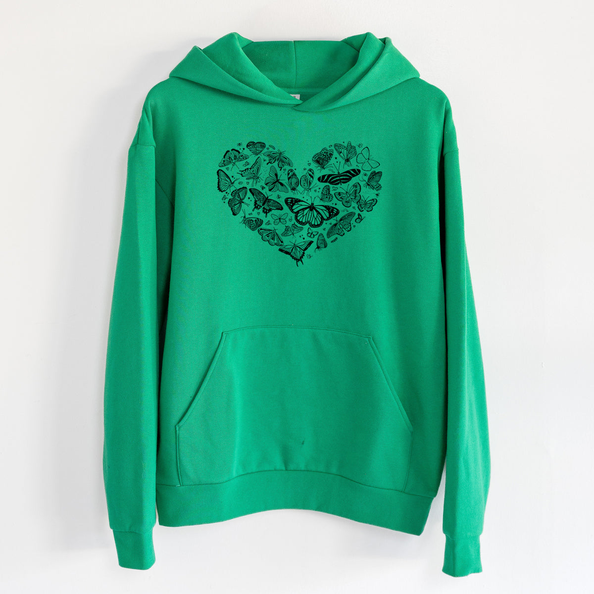Heart Full of Butterflies - Statement Midweight Hoodie in Kelly Green, hanging on a white wall, with a front kangaroo pocket and no drawcords.