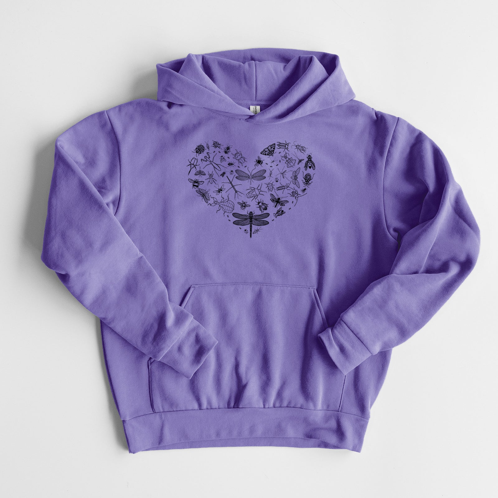 Heart Full of Insects - Statement Midweight Hoodie in Violet, laid flat, showing the oversized boxy fit and front kangaroo pocket.