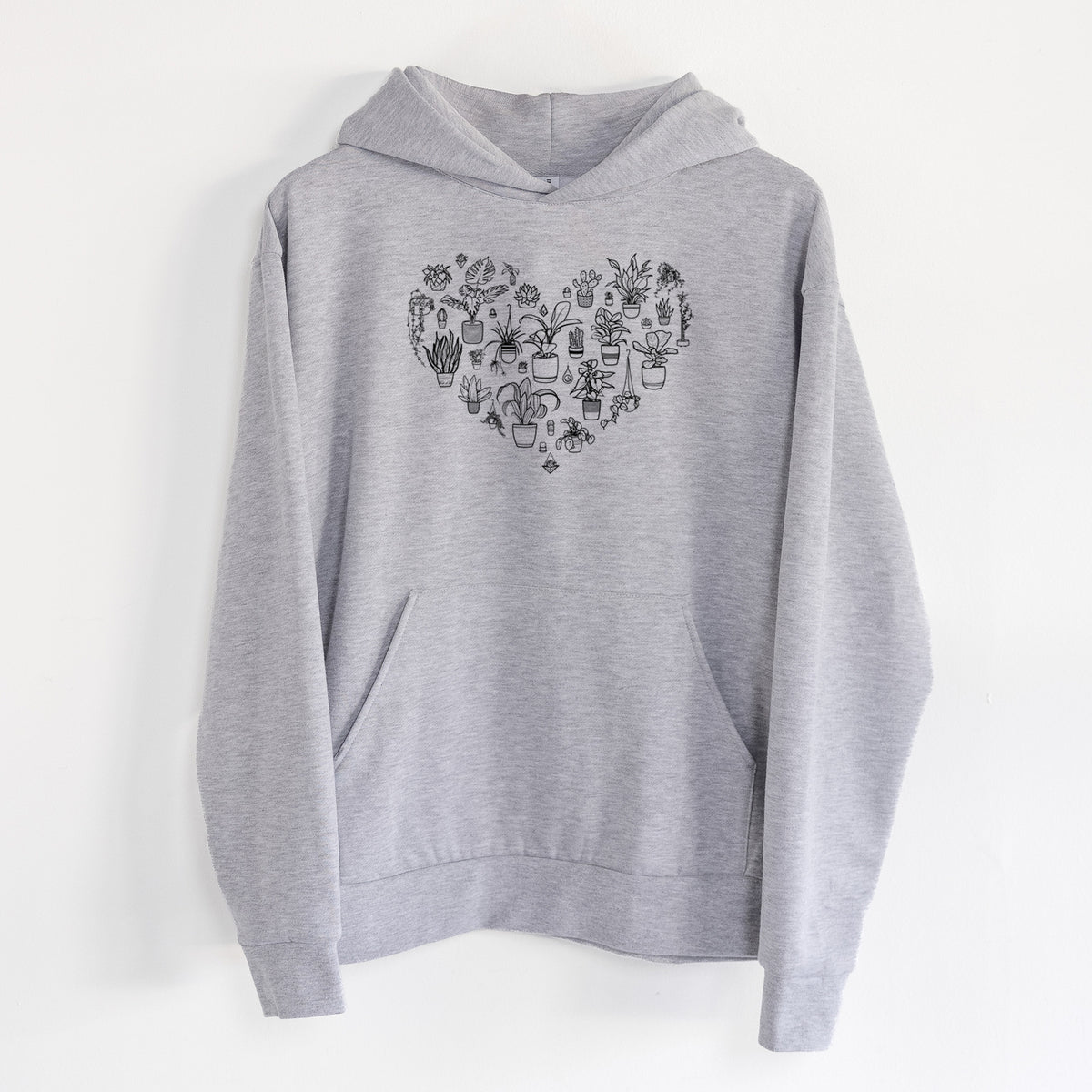 Heart Full of House Plants - Statement Midweight Hoodie in Heather Grey, hanging on a white wall, with a front kangaroo pocket and no drawcords.
