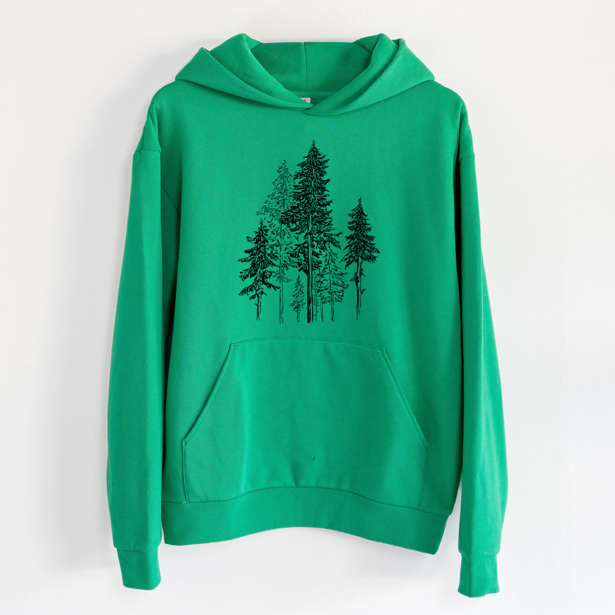 Hemlock Forest - Statement Midweight Hoodie in Kelly Green, hanging on a white wall, with a front kangaroo pocket and no drawcords.