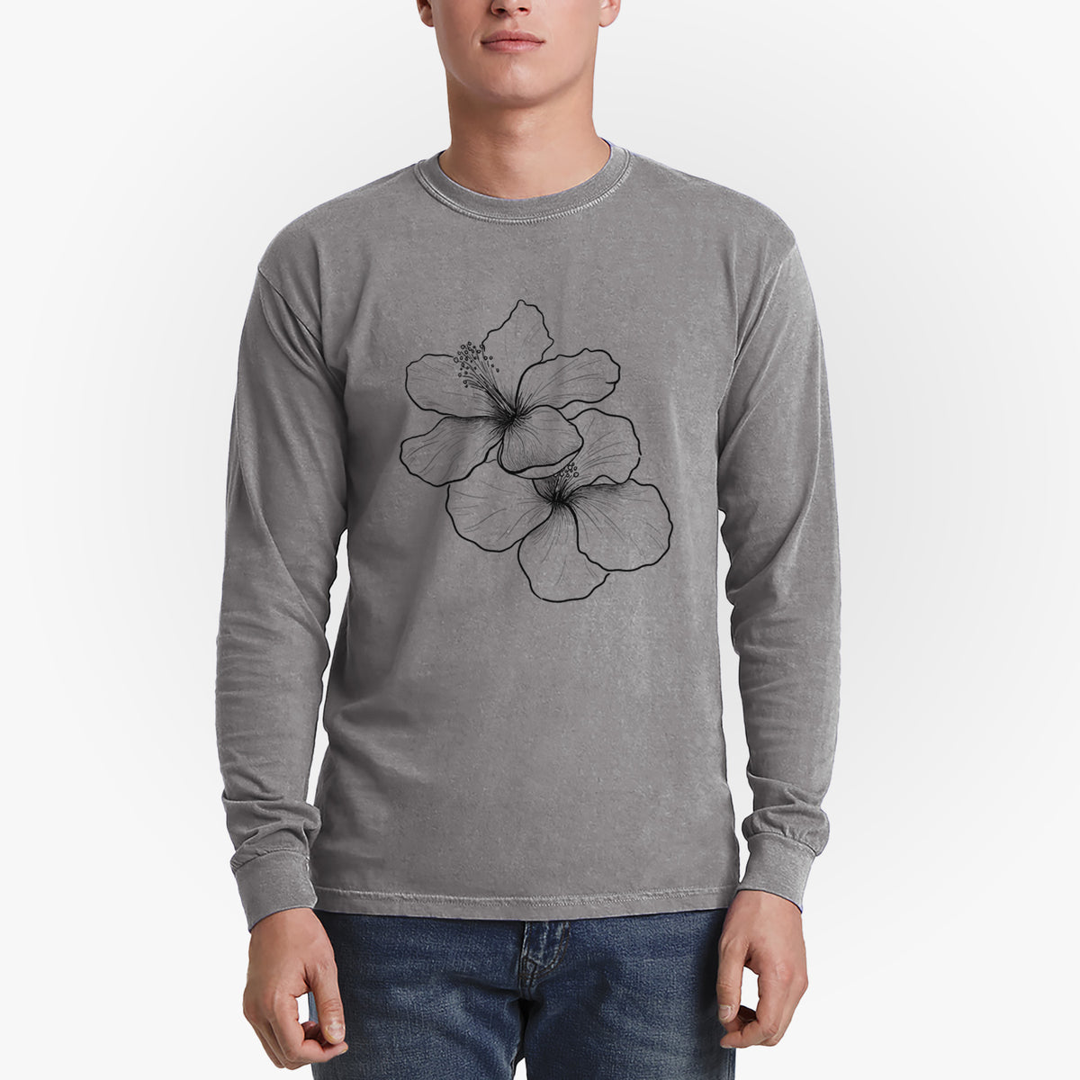 Hibiscus Flowers - Men&#39;s Heavyweight 100% Cotton Long Sleeve