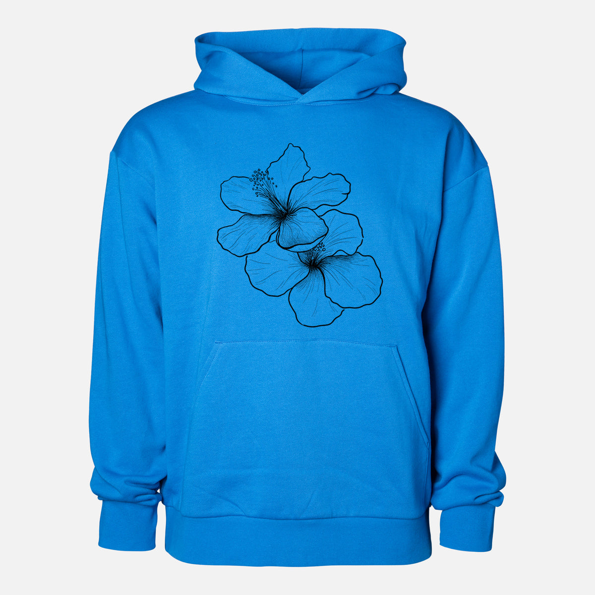 Hibiscus Flowers - Statement Midweight Hoodie in Azure Blue, shown from the front with the design printed on the chest above a front kangaroo pocket.