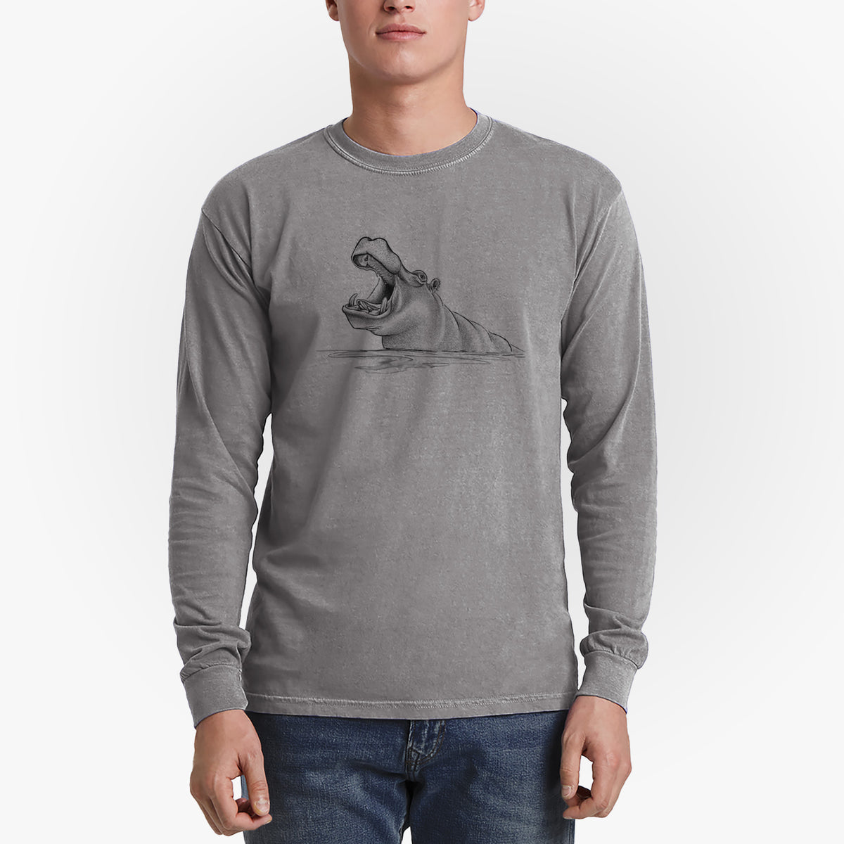 Hippo - Hippopotamus amphibius - Men&#39;s Heavyweight 100% Cotton Long Sleeve