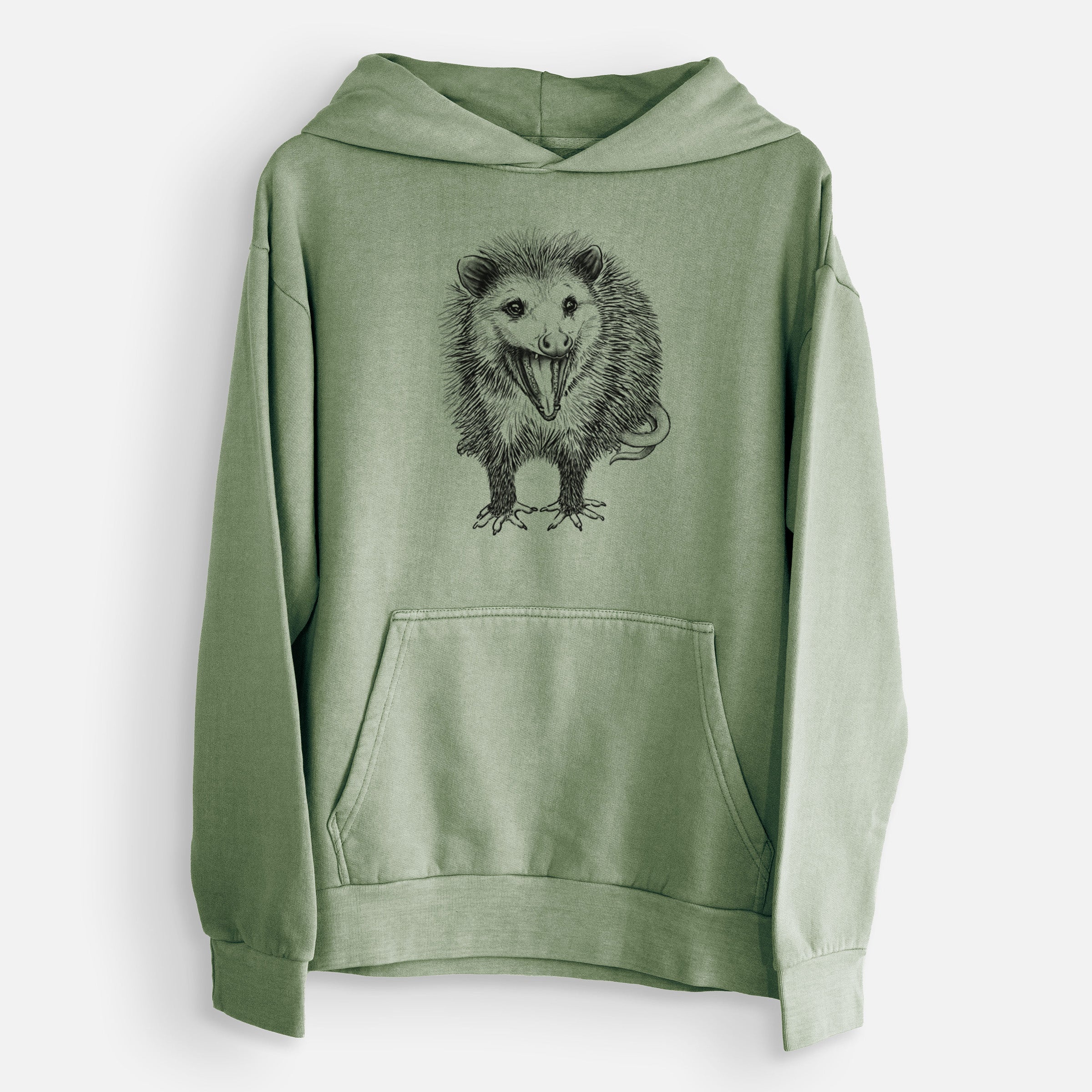 Green hoodie featuring a black line drawing of a smiling opossum.