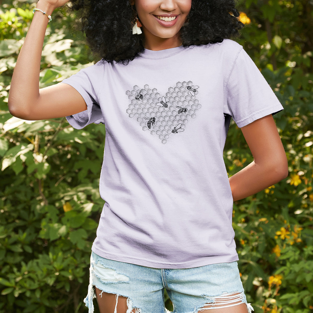 Honeycomb Heart with Bees - Unisex Comfort Colors Garment-Dyed Heavyweight T-shirt