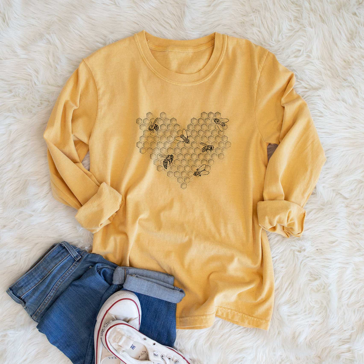 Honeycomb Heart with Bees - Men&#39;s Heavyweight 100% Cotton Long Sleeve