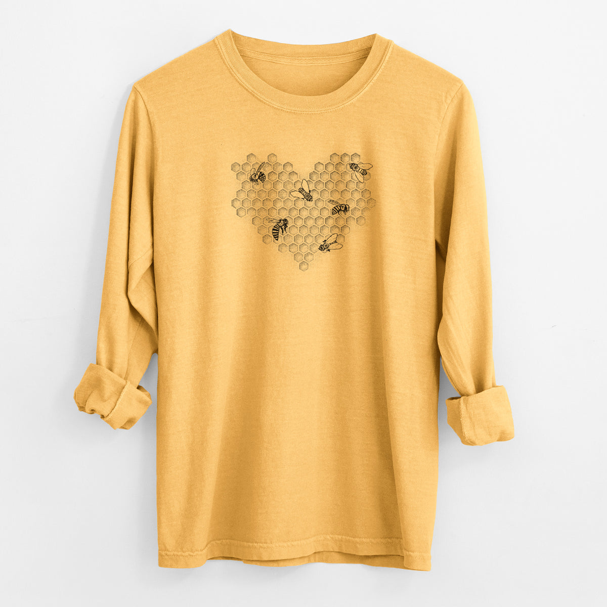 Honeycomb Heart with Bees - Men&#39;s Heavyweight 100% Cotton Long Sleeve