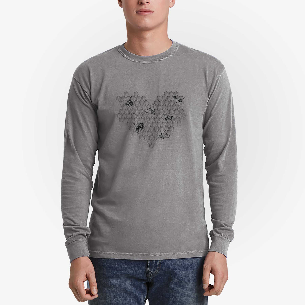 Honeycomb Heart with Bees - Men&#39;s Heavyweight 100% Cotton Long Sleeve