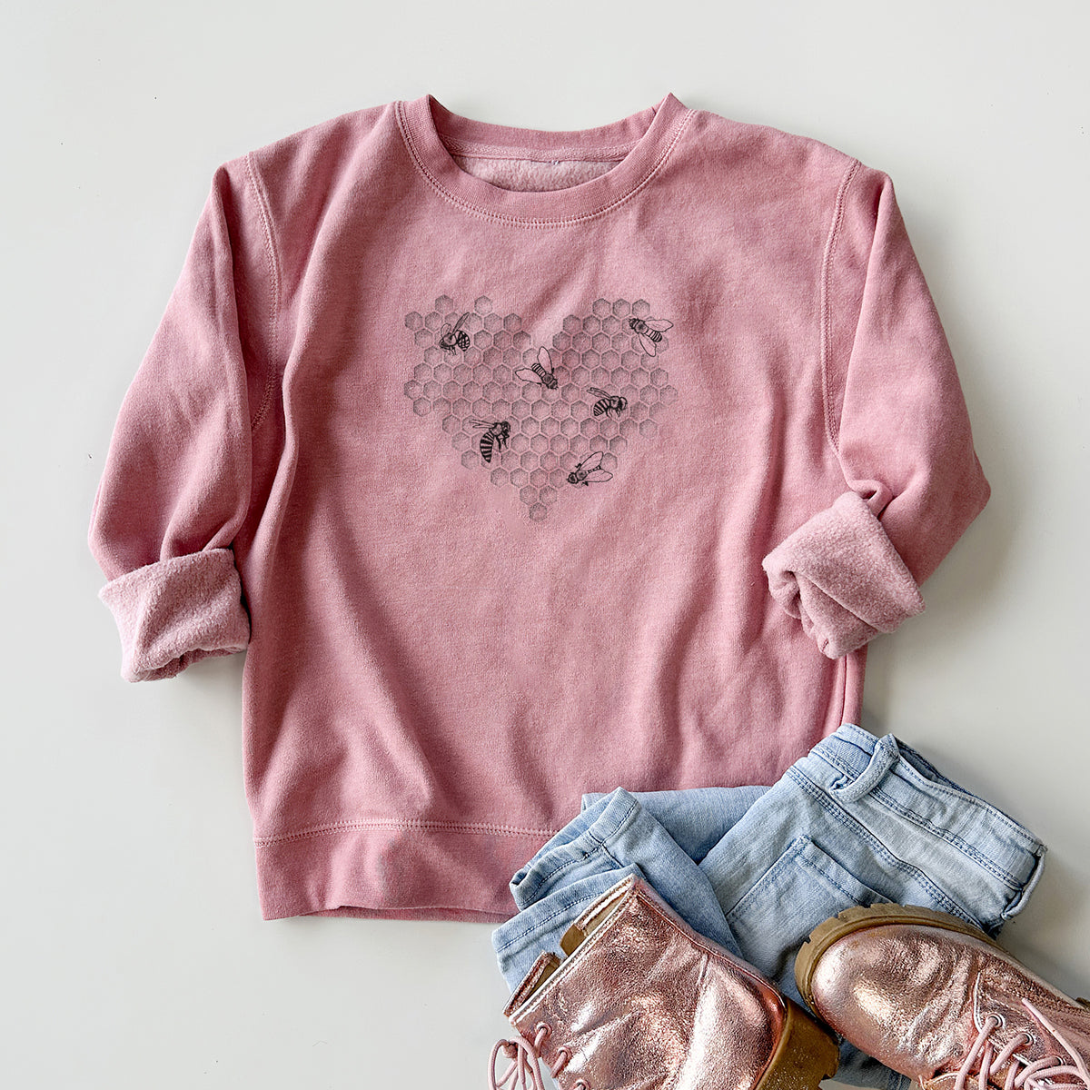 Honeycomb Heart with Bees - Youth Lightweight Crewneck Sweatshirt