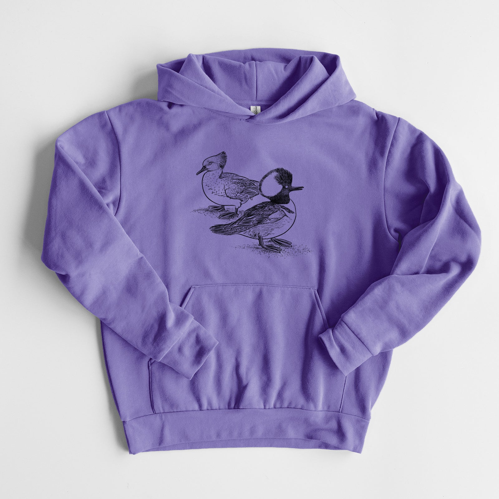 Hooded Mergansers - Lophodytes cucullatus - Statement Midweight Hoodie in Violet, laid flat, showing the oversized boxy fit and front kangaroo pocket.