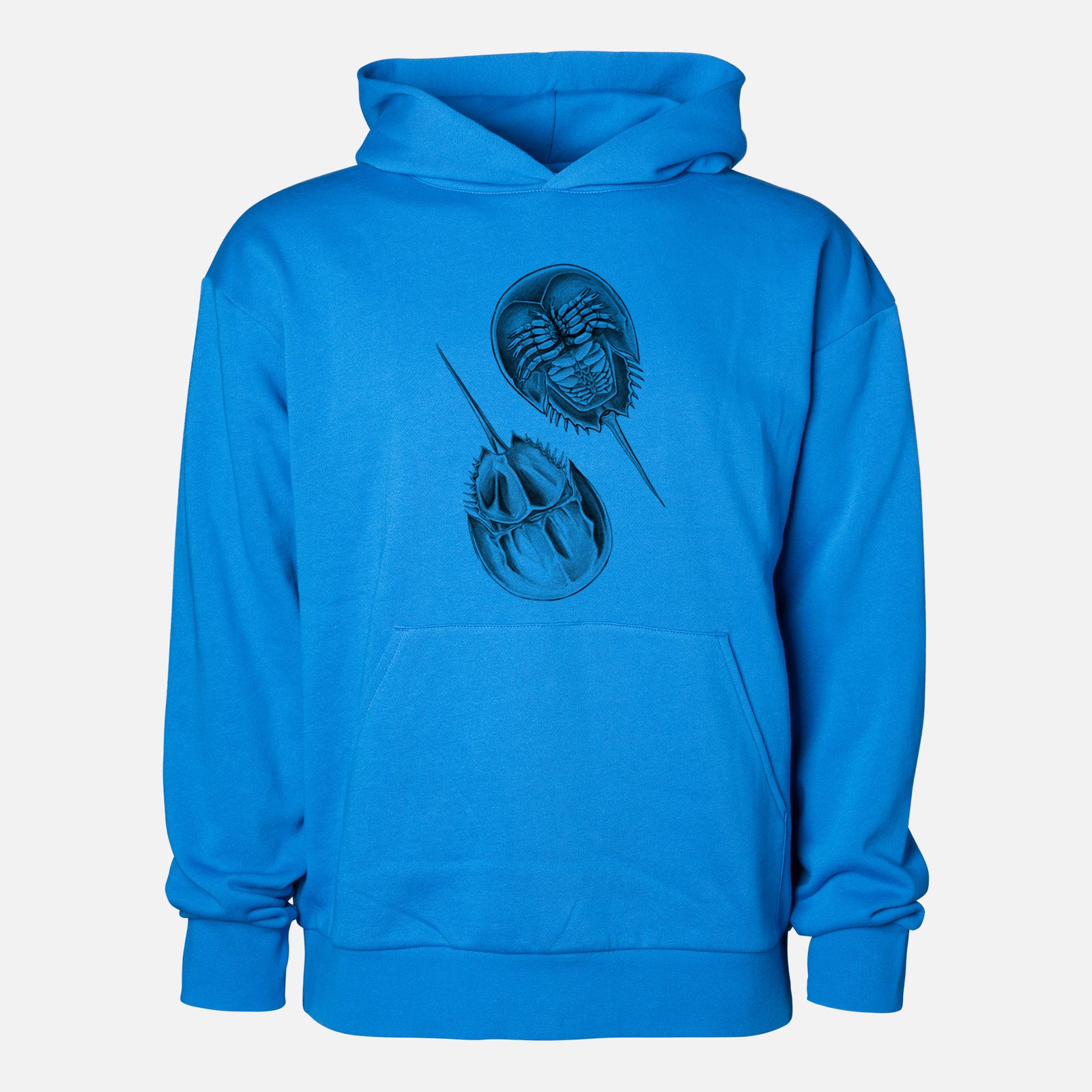 Atlantic Horseshoe Crab - Limulidae polyphemus - Statement Midweight Hoodie in Azure Blue, shown from the front with the design printed on the chest above a front kangaroo pocket.
