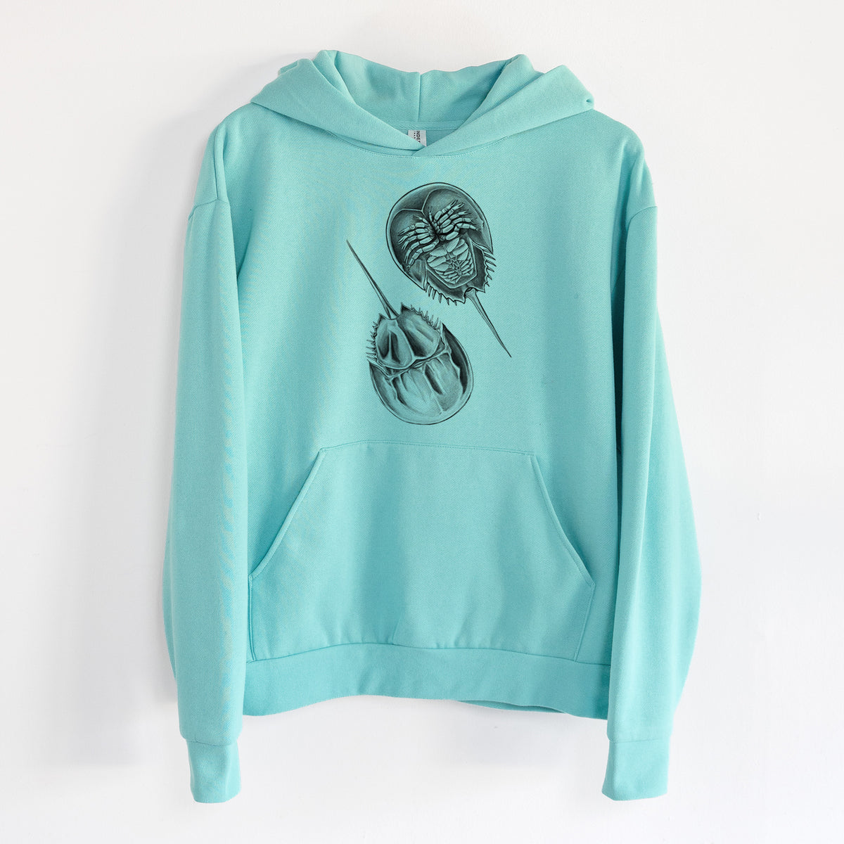 Atlantic Horseshoe Crab - Limulidae polyphemus - Statement Midweight Hoodie in Seafoam, hanging on a white wall, with a front kangaroo pocket and no drawcords.