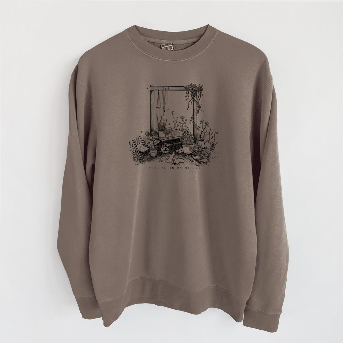 I'll Be In My Office — Garden - Unisex Pigment Dyed Crew Sweatshirt in Espresso Brown Color