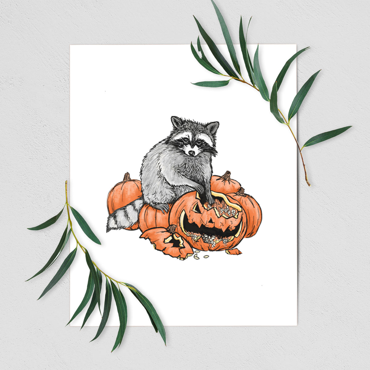 The Raccoon and the Jack-o'-Lantern - Fine Art Print