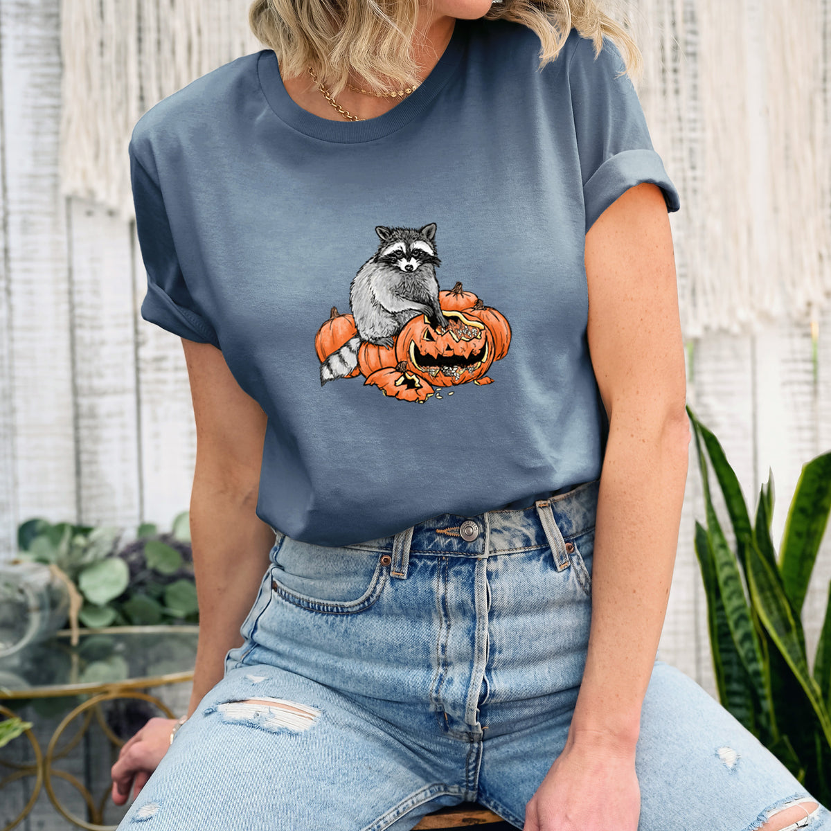 The Raccoon and the Jack-o'-Lantern - Lightweight 100% Cotton Unisex Crewneck