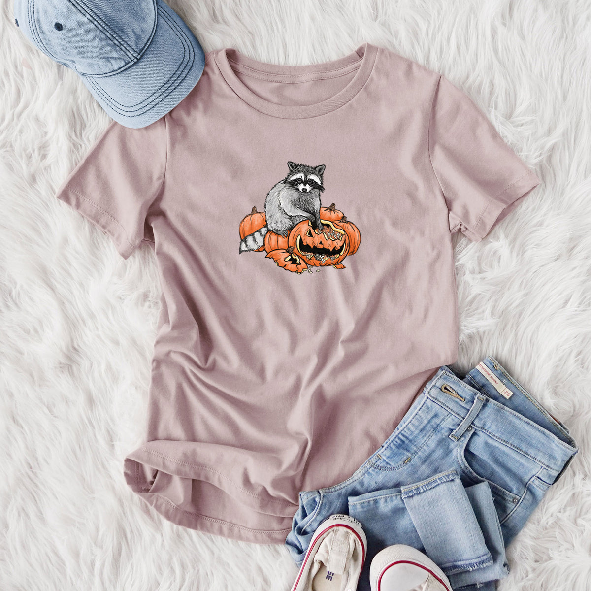 The Raccoon and the Jack-o'-Lantern - Women's Lightweight Relaxed Fit 100% Cotton Crewneck