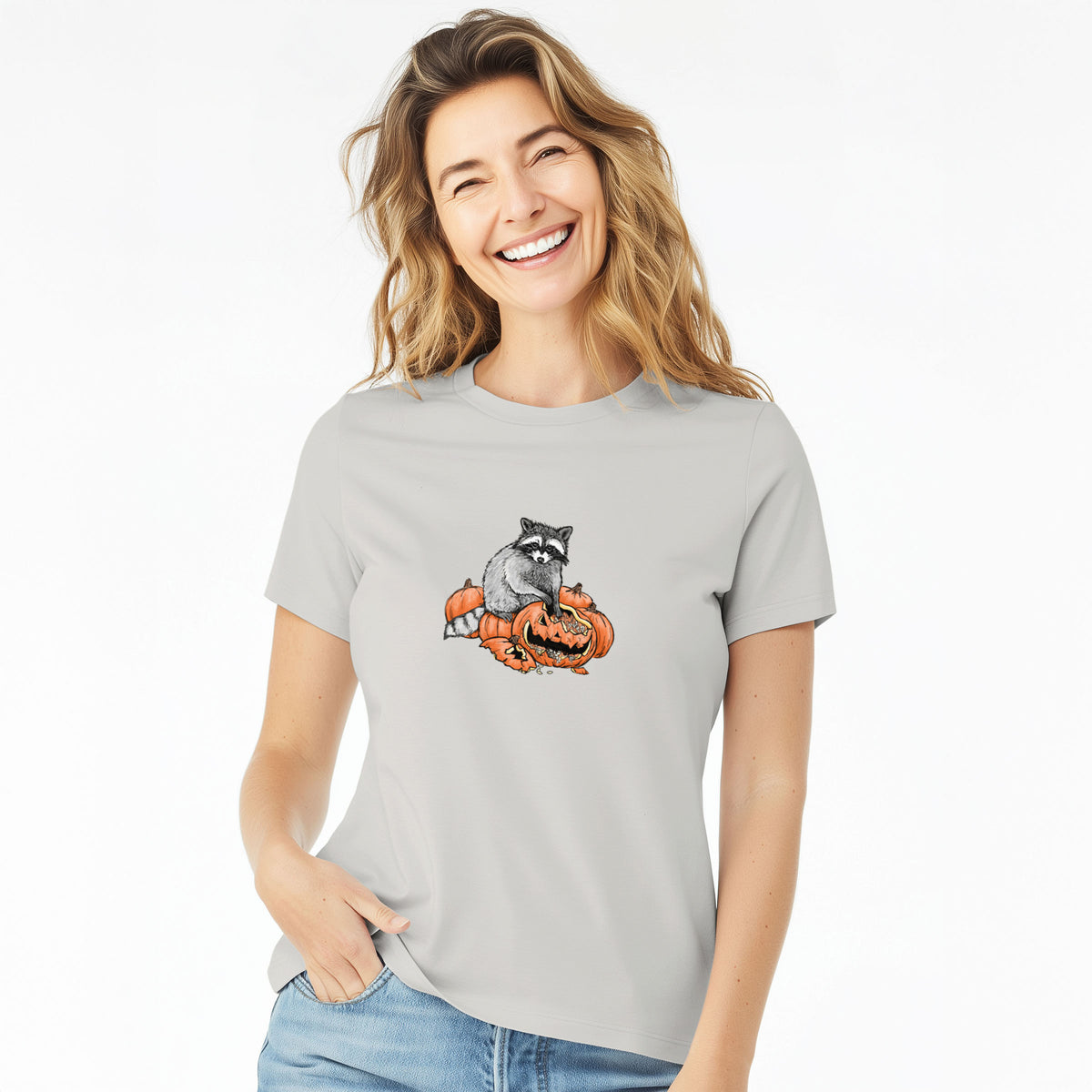 The Raccoon and the Jack-o'-Lantern - Women's Lightweight Relaxed Fit 100% Cotton Crewneck