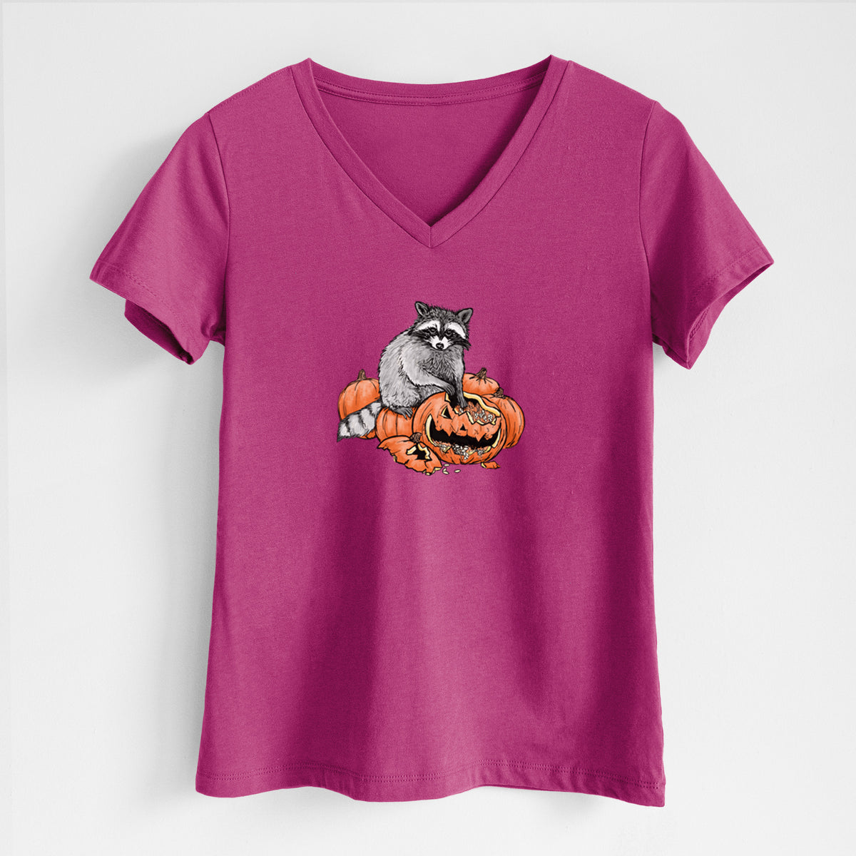 The Raccoon and the Jack-o'-Lantern - Women's Lightweight Relaxed Fit 100% Cotton V-neck